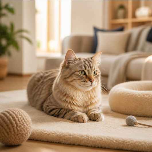 Chat installé dans un intérieur chaleureux, avec une tablette affichant une comparaison abstraite et son propriétaire en arrière-plan.